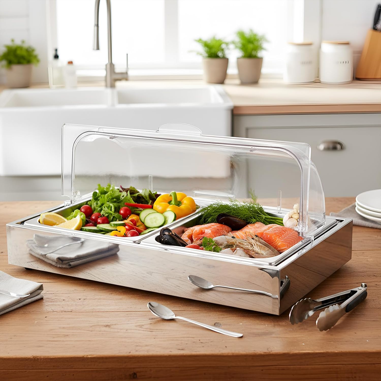 Uiifan Salad Bar Buffet Station for Home, Ice Food Serving Display Tray with Clear Roll Top Cover, Cold Food Buffet Server Trays with Clamps Spoons Ice Box for Restaurant Kitchen Party(2 Pans)