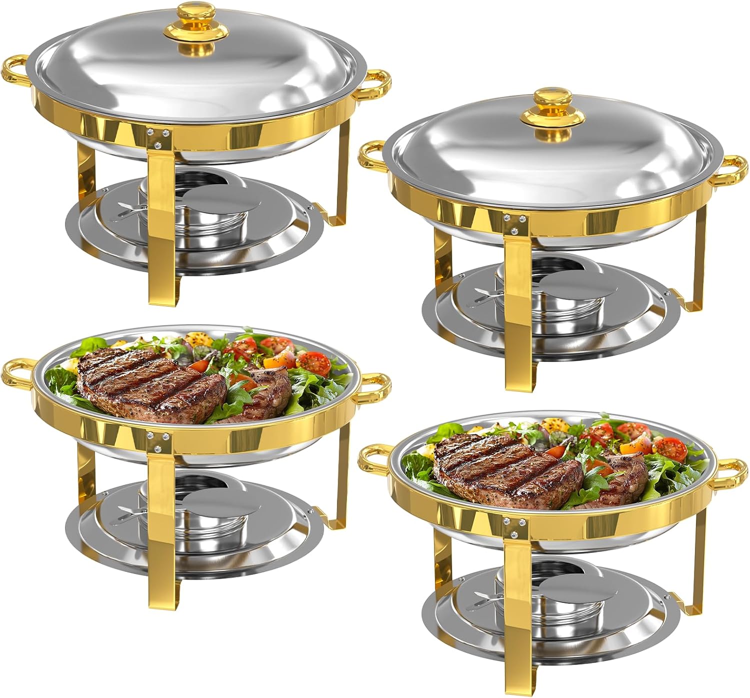 Aplancee Chafing Dishes Buffet Set 4 Pack, 5QT Stainless Steel Round Chafing Dish with Lid & Gold Frame Complete Set for Catering, Parties, Wedding