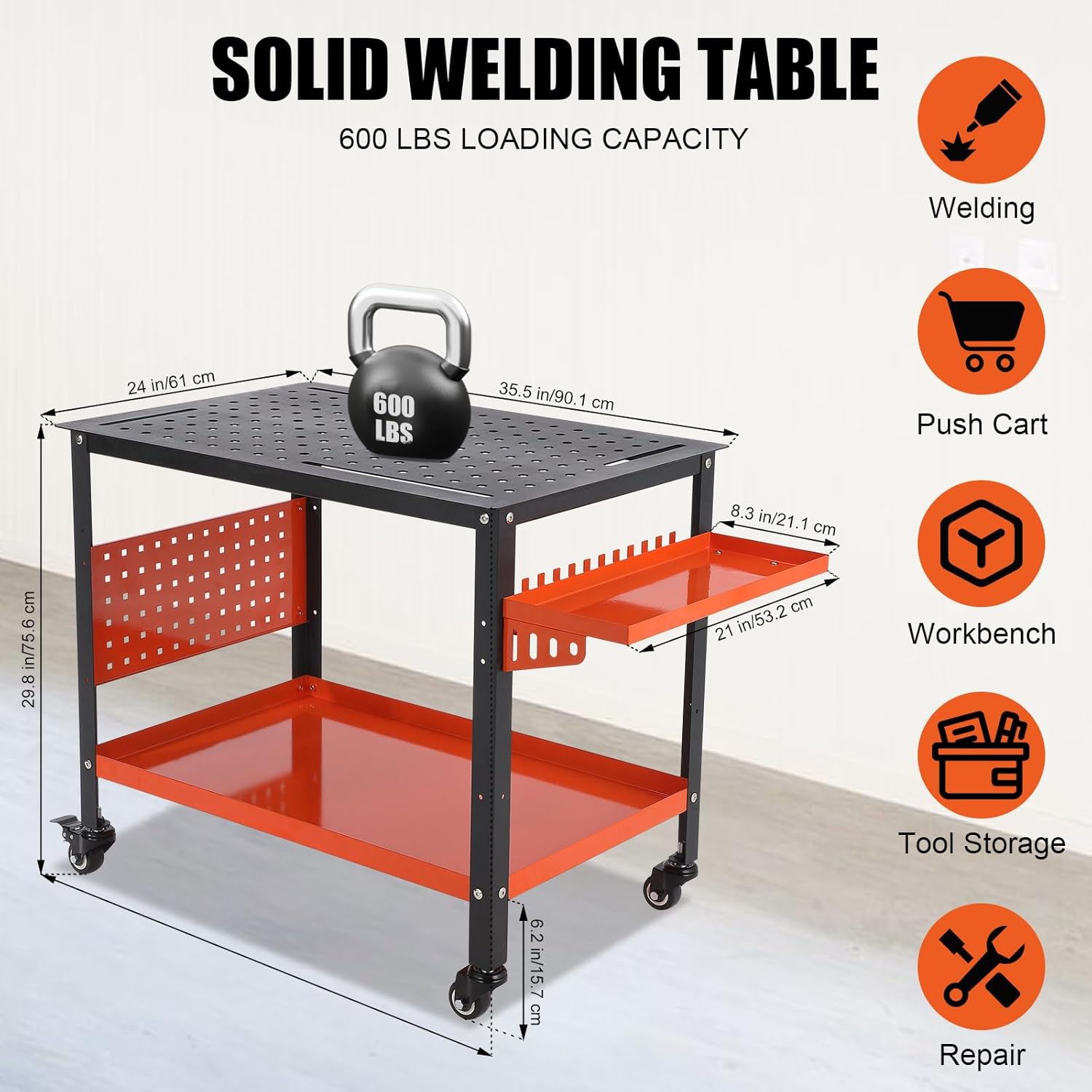 36"X24" Welding Table with Wheels & Storage,Professional Heavy Duty Steel Welding Bench with Pegboard, Portable Mobile Welder Table with Tray for Hobbyist Workshop Orange