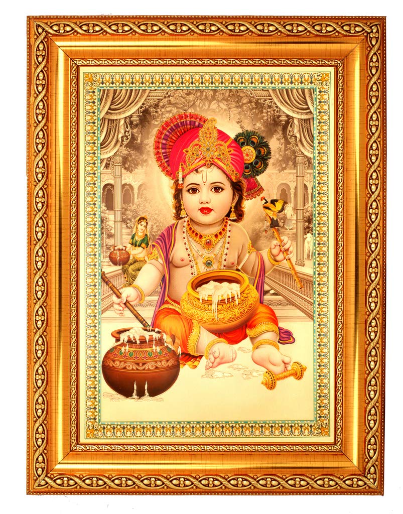 Photo de Bal Krisna avec cadre doré 28x35 cm pour décoration indienne
