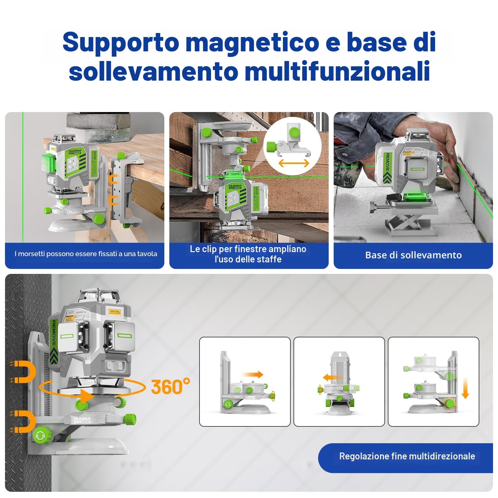 Huepar Pro Livella Laser Autolivellante Professionale 16 Linee, 4 X 360° Livello Laser Verde, Preciso Con Batteria agli Ioni di Litio da 8000mAh, Supporto Multifunzione e Custodia Rigida ZK04CG