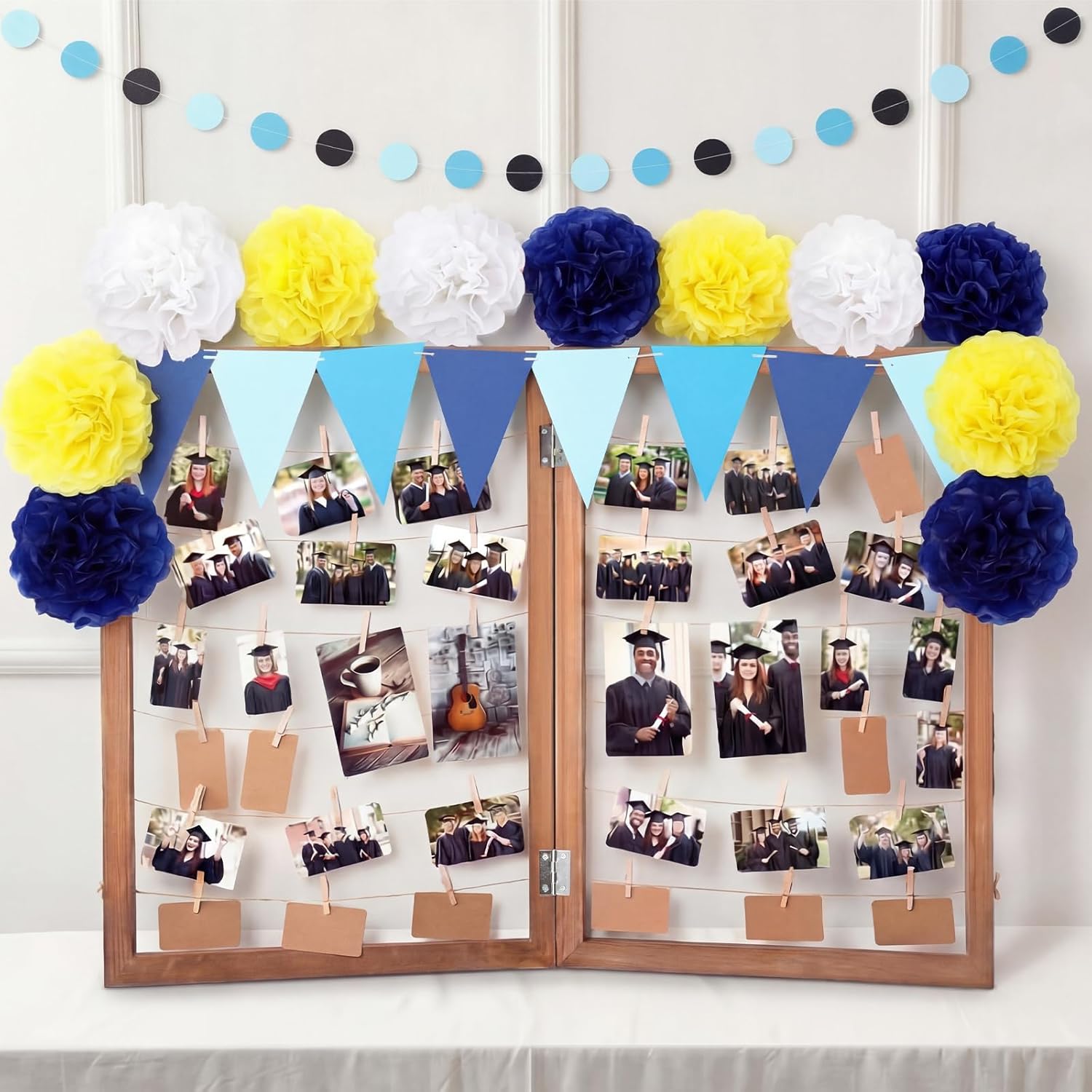 Briwooody 2026 Graduation Decorations Photo Display Rack with Clips Tissue Pompoms Wooden Photo Display Board Rustic Collage Picture Frame for Graduation Party Table Wall Decor(Yellow Blue White)