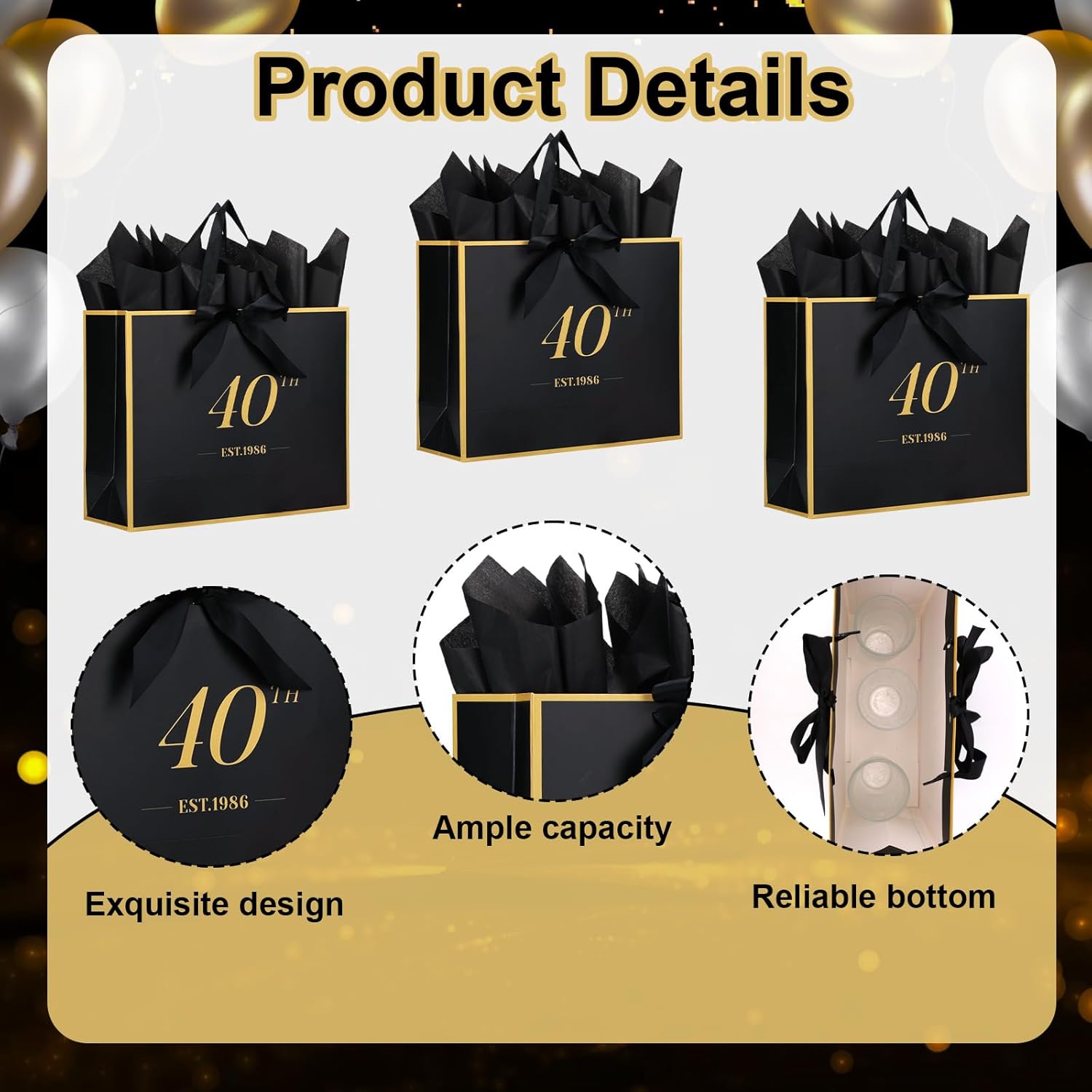 Fukaisu 40th Birthday Gift Bag with Card & Tissue Paper, EST.1986 40 Year Old Keepsake Present Shopping Bags for Women Men Black Gold Anniversary Party Favors Goodie Wrapping Supplies & Decorations - Image 3