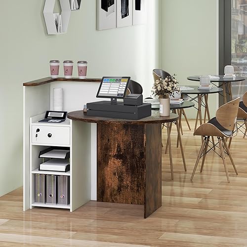 Miniatura 8 de Giantex Escritorio de recepción, mostrador delantero con cajón con cerradura, mesa de pago con mesa redonda, estante de esquina y estante ajustable