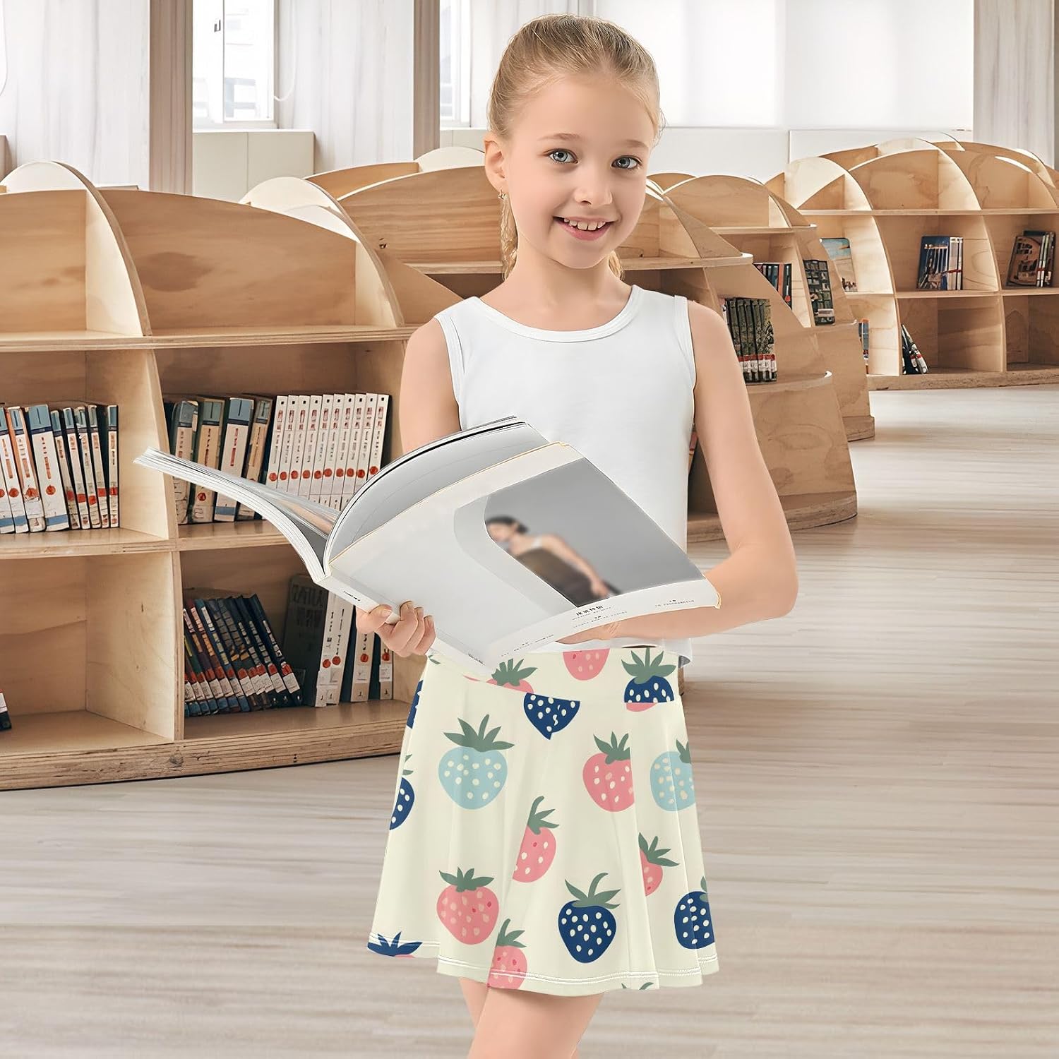 Girls Athletic Skorts Cat Hidden in Green Leaves Pattern Tennis Golf Skirts with Shorts