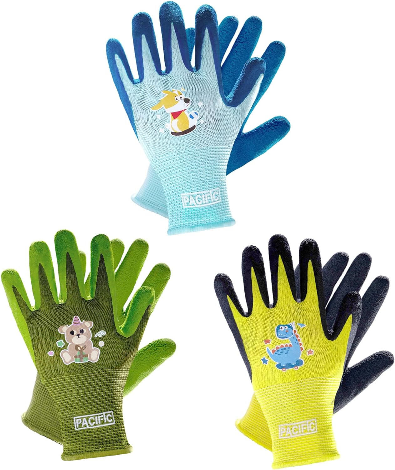 PACIFIC 3 Pairs Kids Gardening Gloves for Age 3-6, Toddler Rubber Coated Garden Gloves, Kids Work Gloves, for Children, Boys and Girls, Multicolor, XXXS