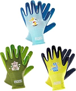 PACIFIC 3 Pairs Kids Gardening Gloves for Age 5-9, Toddler Rubber Coated Garden Gloves, Kids Work Gloves, for Children, Bo...