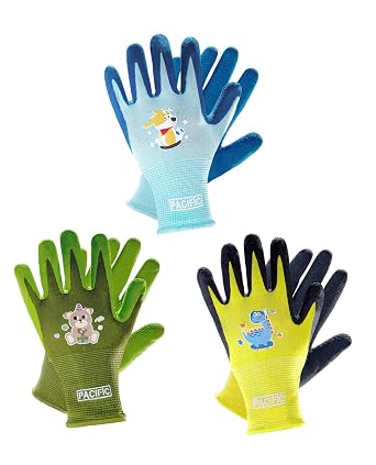 PACIFIC 3 Pairs Kids Gardening Gloves for Age 8-13, Natural Latex Coated Yard Gloves, Non-Slip Children Safety Work Gloves, for Outdoor, Painting & DIY, Boys & Girls, Multiple Colour, XS