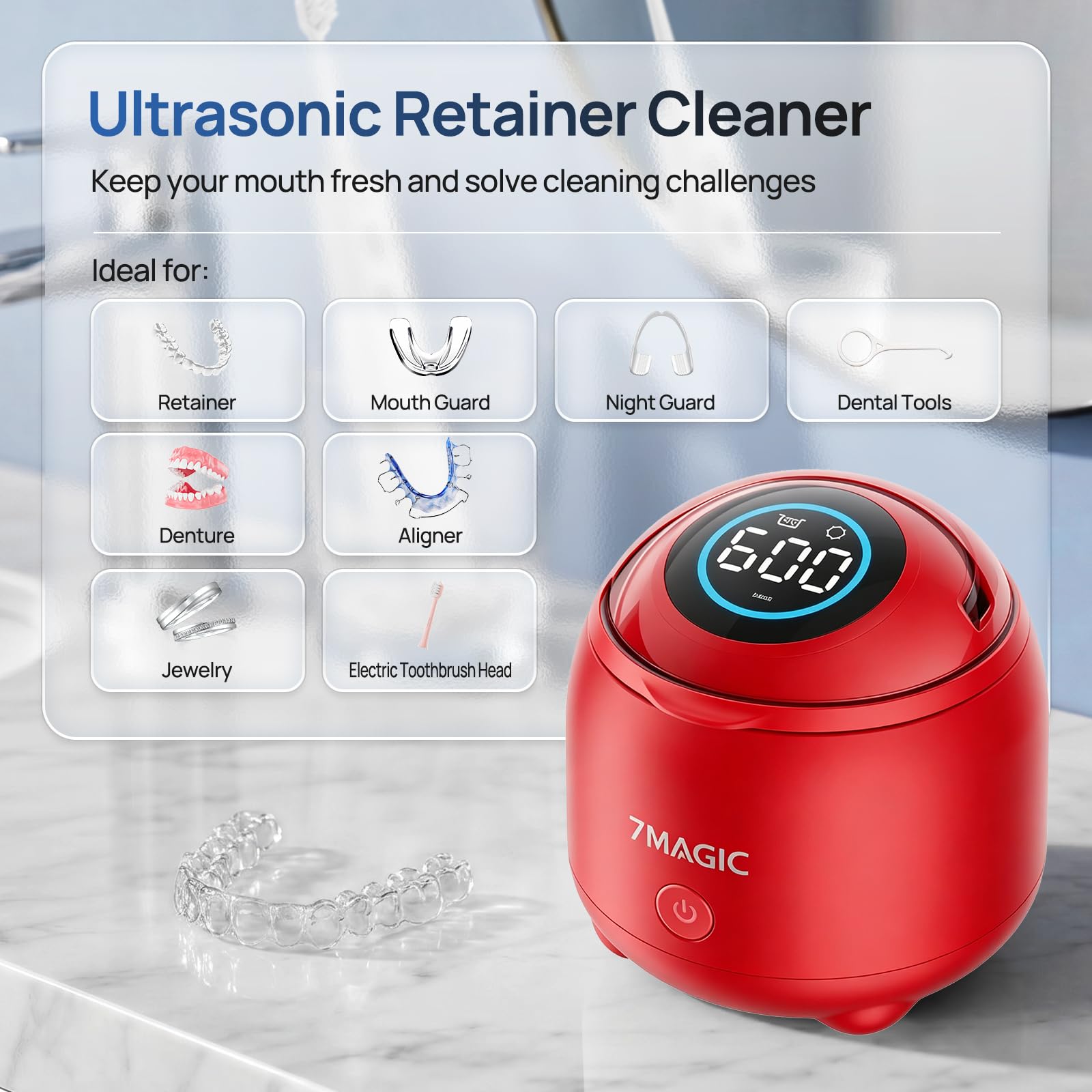 7MAGIC Pulitore ultrasuoni per bite dentale, 48 kHz, UV-C, Rosso
