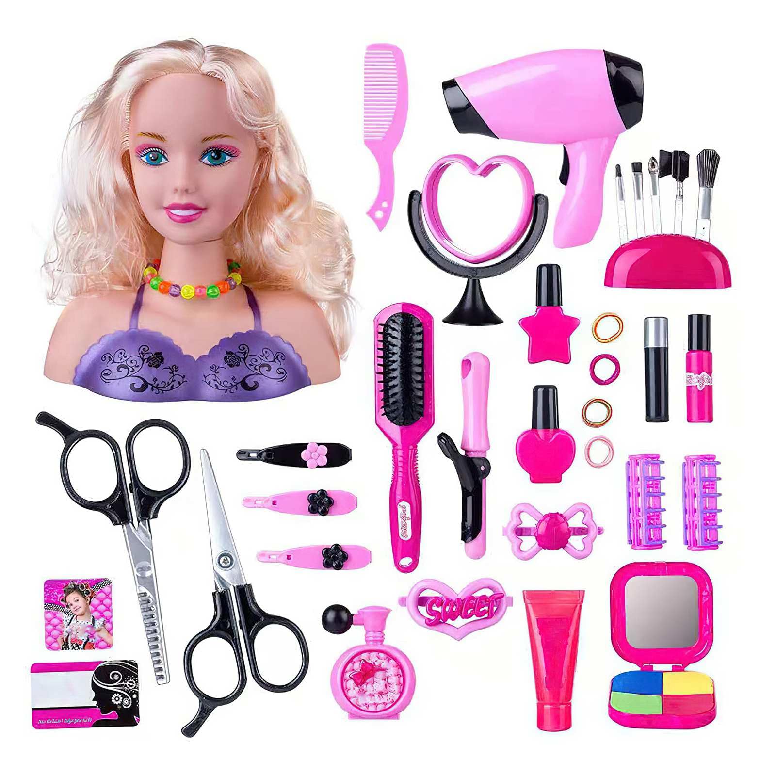 JOPWUE 35PCS Makeup Hairdressing Doll Styling Head Toy,Kid Play Makeup and Hair Dressing Heads Toy Set,for 3 4 5 6 7 Years Old Girls Beauty Set Play Role Toys Christmas and Birthday Gift ﻿ (36 PCS)