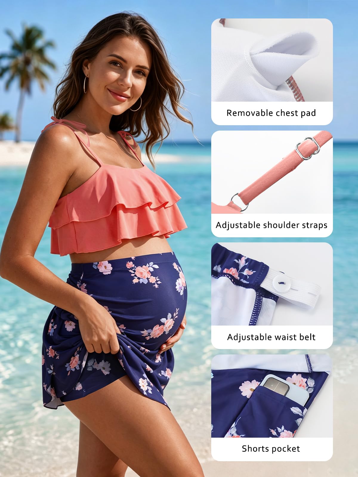 SHEKINI Mutterschaft Bikini Set Bademode Ruffle Schwangerschaft Binde-Schultergurte Zweiteiliger Badeanzug Umstandsbikini Baderock Elegant