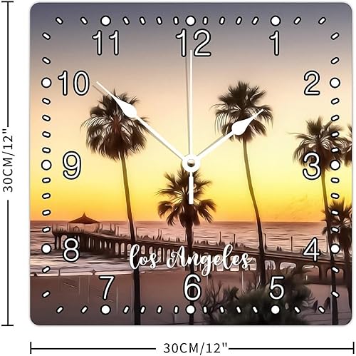 Miniatura 2 de 12x12in Decorative Wall Square Wood Clock Arabic Numerals Clock Silent Non-Ticking Battery Operated Clock United States Cityscape Los Angeles Wall