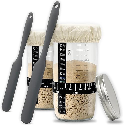 Tarro básico de masa madre, kit de inicio de masa madre para hornear pan de masa madre con banda de alimentación marcada con fecha, termómetro,