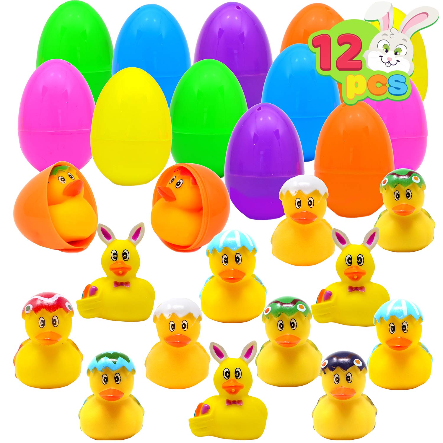 12 PCs Filled Easter Eggs with Rubber Duck Duckies, Bright Colorful Easter Eggs Prefilled with variety of Yellow Duckies for Fun Bath
