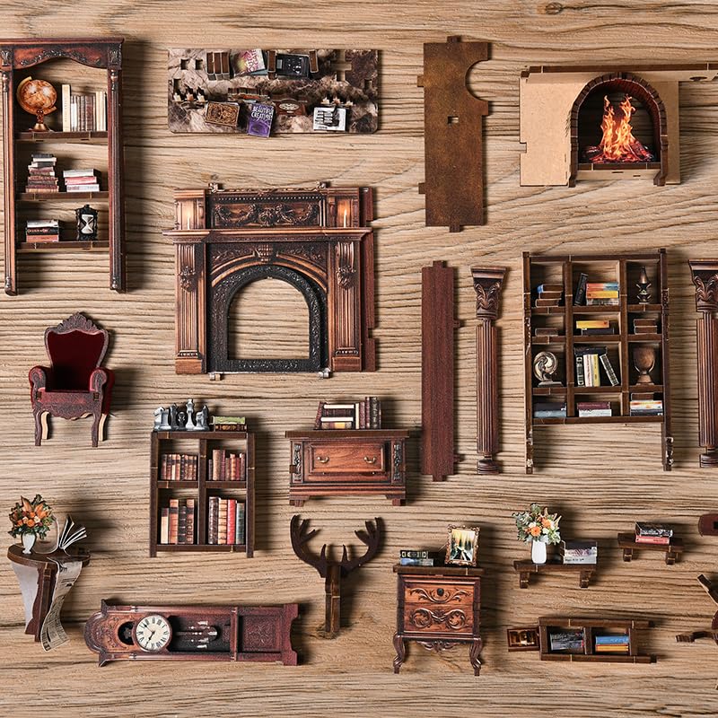 Twilight Library - Kit fai da te con angolo per libri, modello in miniatura in legno con luce LED, 194 pezzi