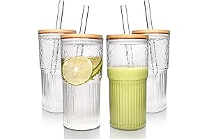 Ribbed Glass Cups with Lids and Straws - 22oz Iced Coffee Cups