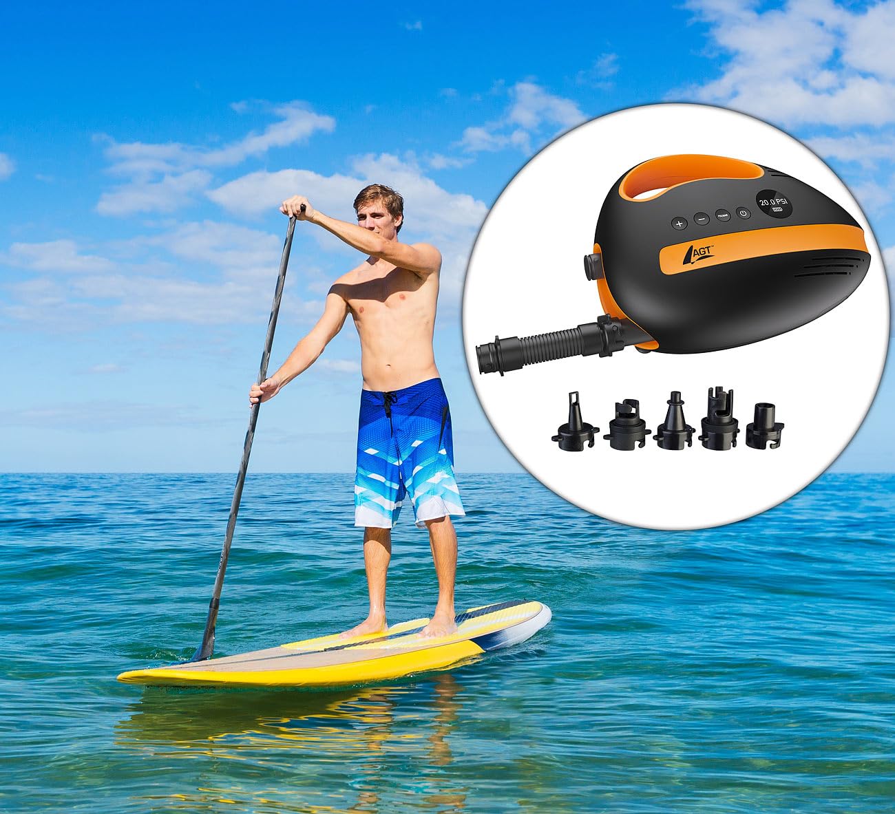 AGT Akkupumpe SUP: Akku-Luftpumpe für SUP-Boards, 350 l/Min., 3X 4.000 mAh, USB, 12 V (Elektrische Pumpe, Accu Pumpe für, Board)