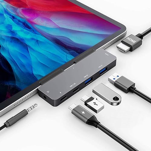 Adaptador de concentrador USB C para iPad Pro con HDMI 4K, conector de 0.138 in, 2 USB 3.0, PD 60W, datos USB C, ranura para tarjeta SD/TF,