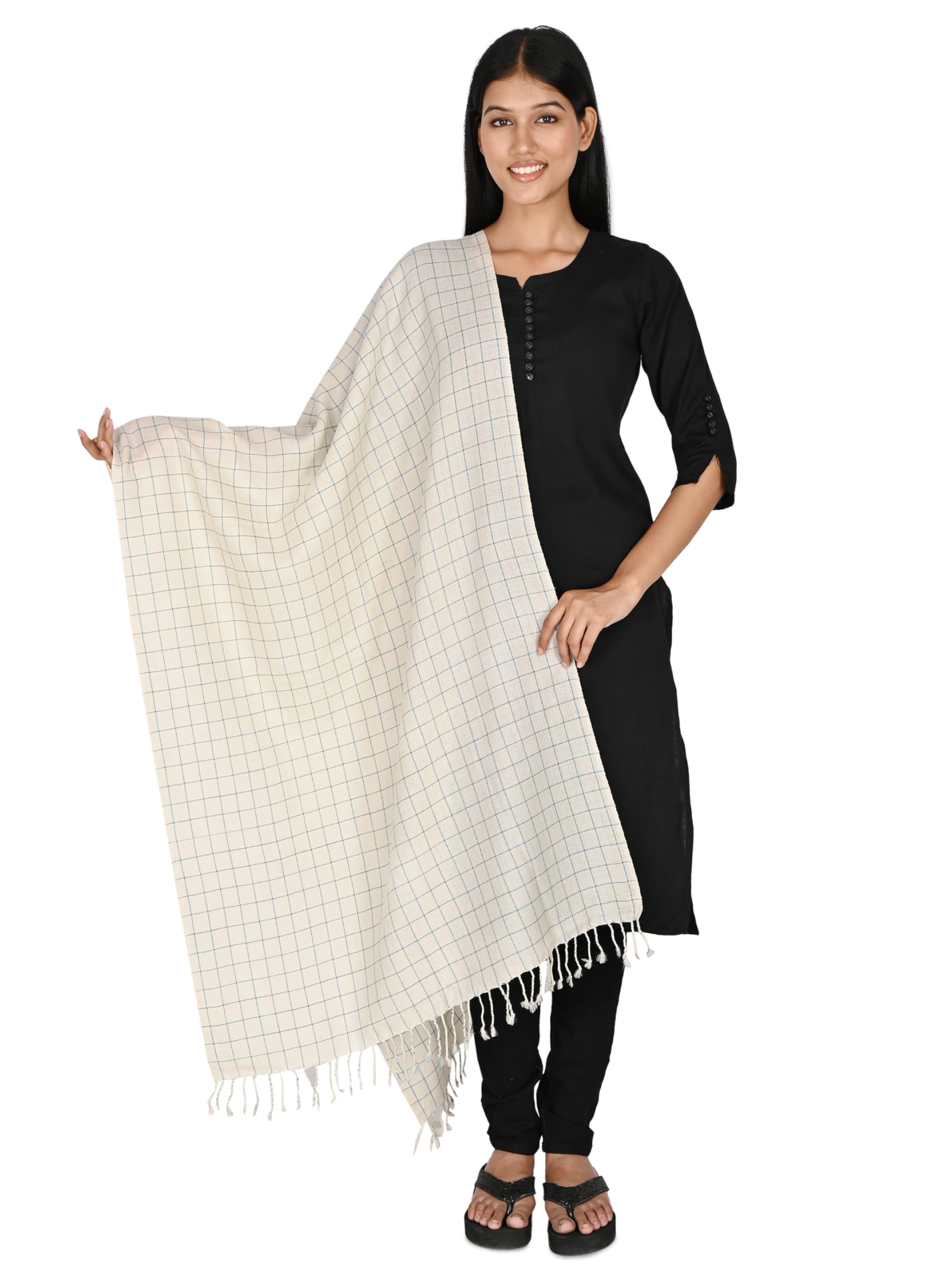 Handwoven Merino Wool Stole | Soft Lightweight Warm Wrap for Women | Elegant Natural Wool Shoulder Stole | Breathable Classic Style Accessory | Small Checks | White-image-24