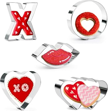 Valentines Day Cookie Cutter Set - Lips, Double Heart, Heart, Letter X, Letter O - 5 Pieces Wedding Valentine Day Fondant Pastry Baking Cookie Cutter Set