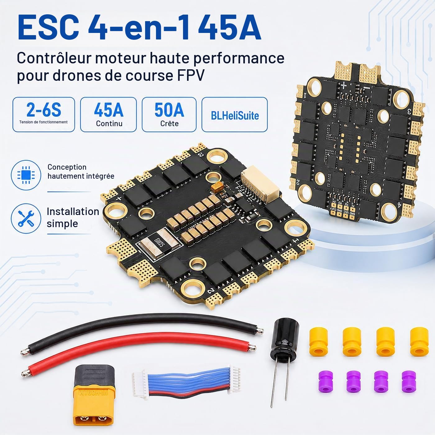 Contrôleur de vitesse électronique 4 en 1 45 A ESC, 45 A FPV 2-6S Pilote de moteur de drone quadrirotor avec accessoire de montage, pièces de bricolage pour drone FPV RC