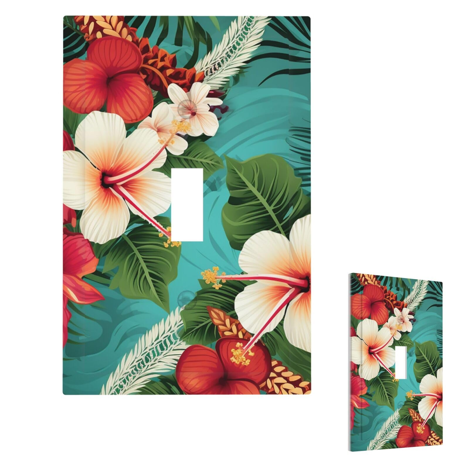 Fekiloot Single Toggle Hawaiian Flowers On Green Background Wall Plate Cover Modern Decorative 1 Gang Light Switch Cover Unbreakable Receptacle Outlet Covers For Living Room Bedroom Home Decor