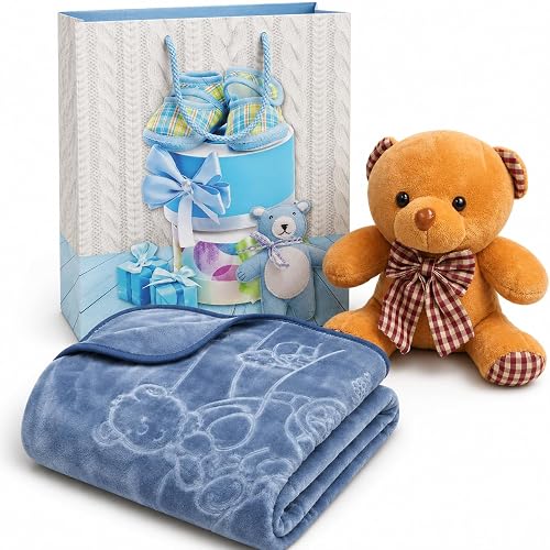 Newborn Infant 3-Piece Set, Soft Plush Blanket with Teddy Bear & Carry Bag, Ideal Present for Baby Shower, Christening and Birthday Occasions
