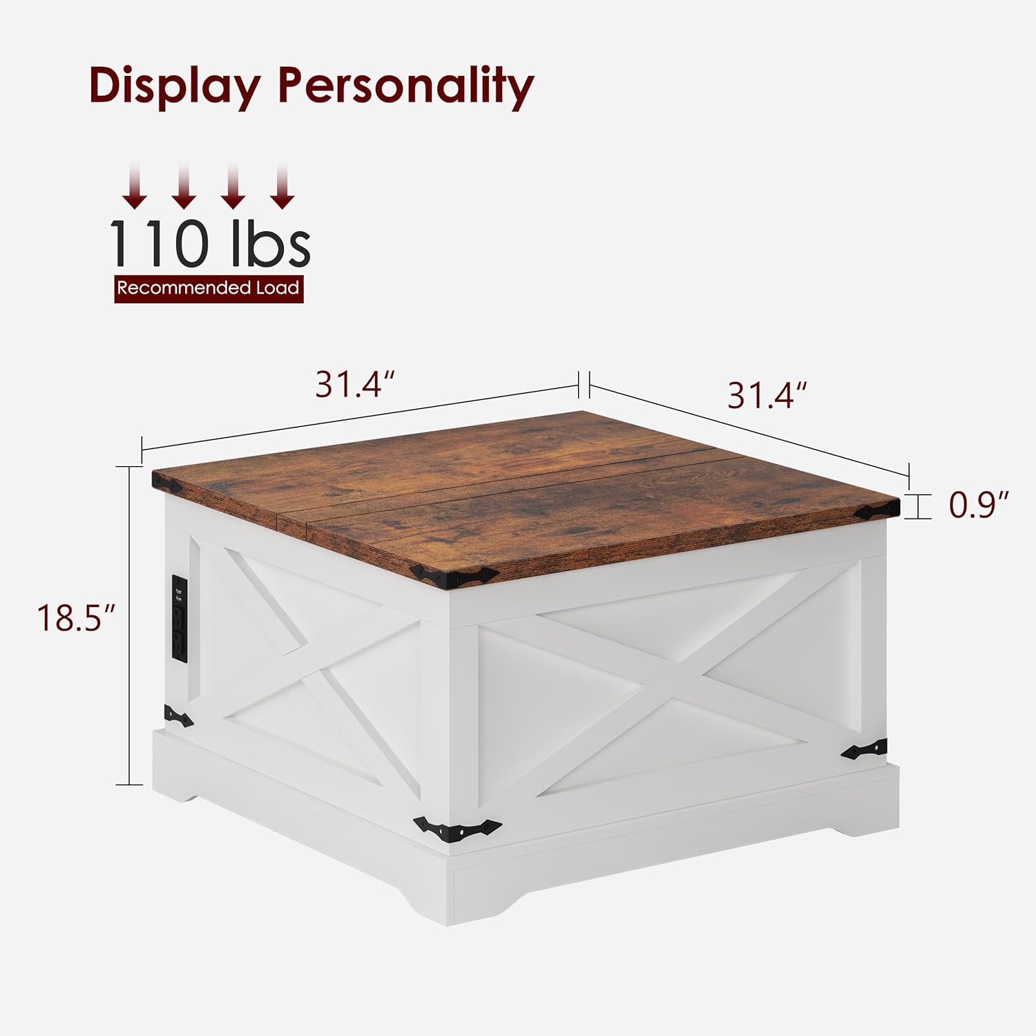 sogesfurniture 31" Lift Top Coffee Table with Storage, Square Central Table for Living Room, Wood Coffee Table with Large Hidden Storage, Rustic White