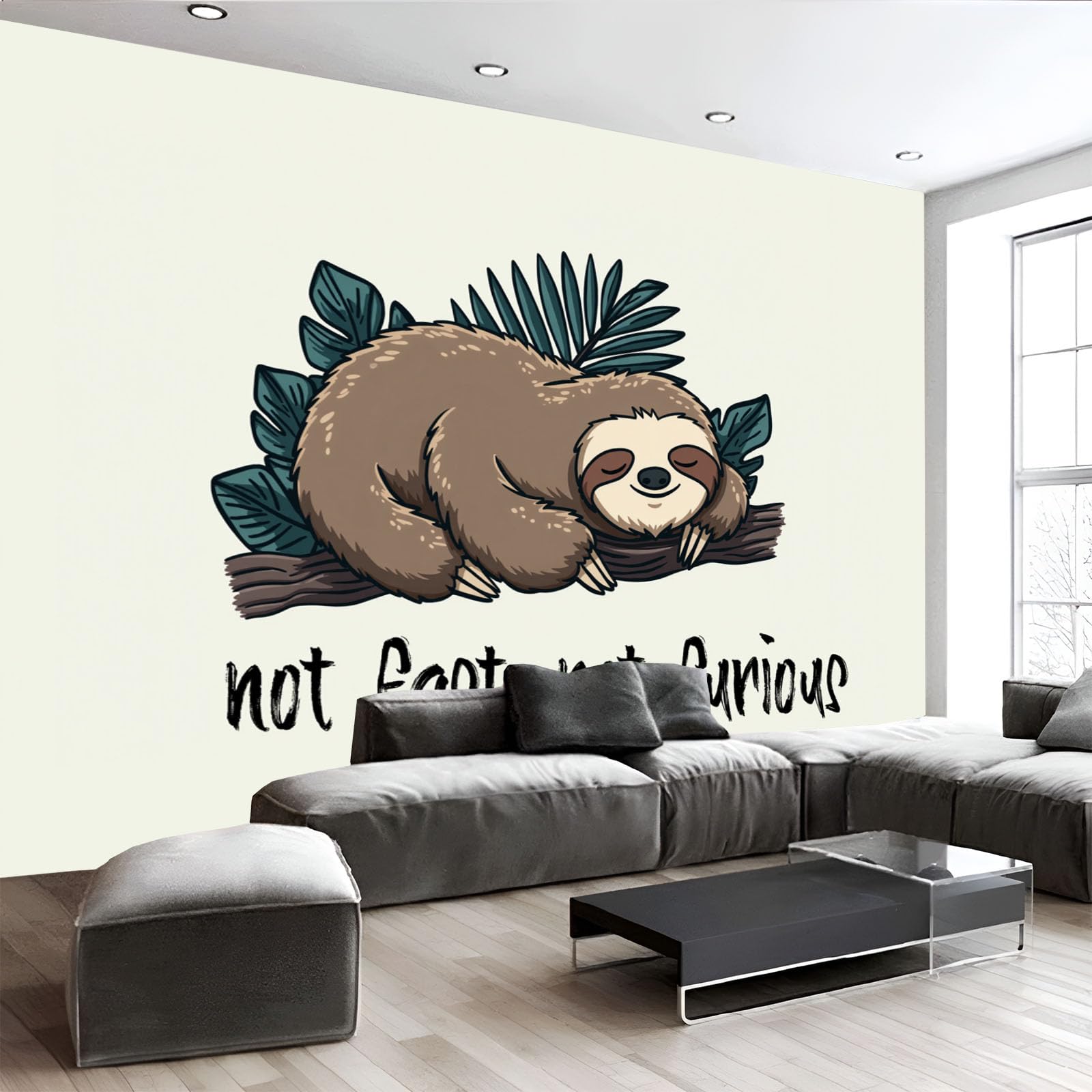 Papier peint panoramique paresseux mignon et brindilles, grand format 200X140cm style scandinave