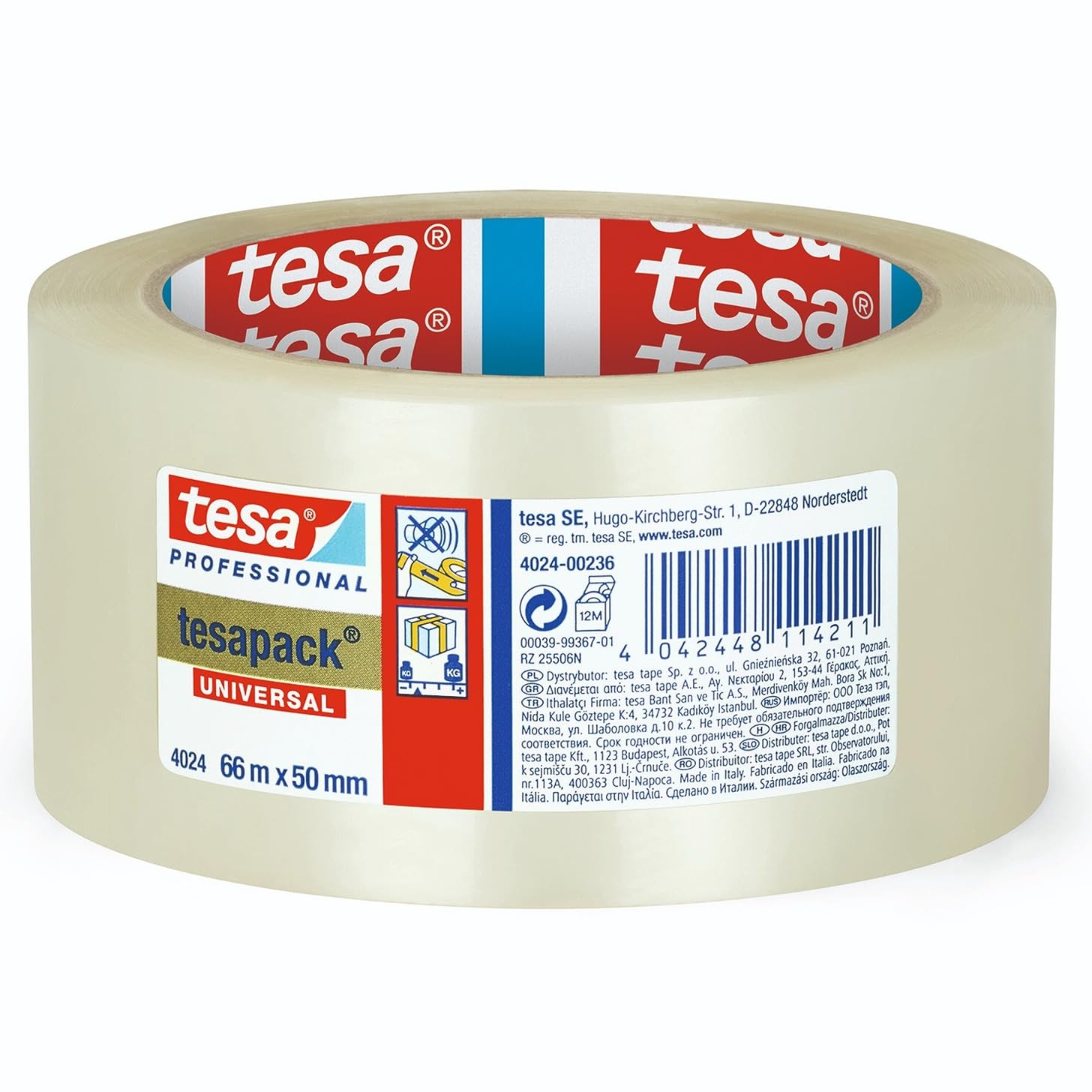 tesapack 4024 Universal PP, Confezione da 36 nastri per pacchi in film PE, srotolamento silenzioso, resistente agli agenti atmosferici e all'invecchiamento Trasparente, 66 m x 5 cm ciascuno