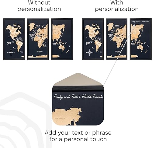 Miniatura 4 de ENJOY THE WOOD Arte de pared con mapa del mundo enmarcado, decoración de viaje de madera, mapa del mundo 3D en tablero, 3 paneles, decoración