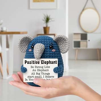 Positive Crochet Animals Set, Emotional Support Gift Set of 3 Handmade Plush Animals Elephant Flamingo Owl, Uplifting Decor for Office Desk Home Study Room, Motivational Gifts for Friends Family