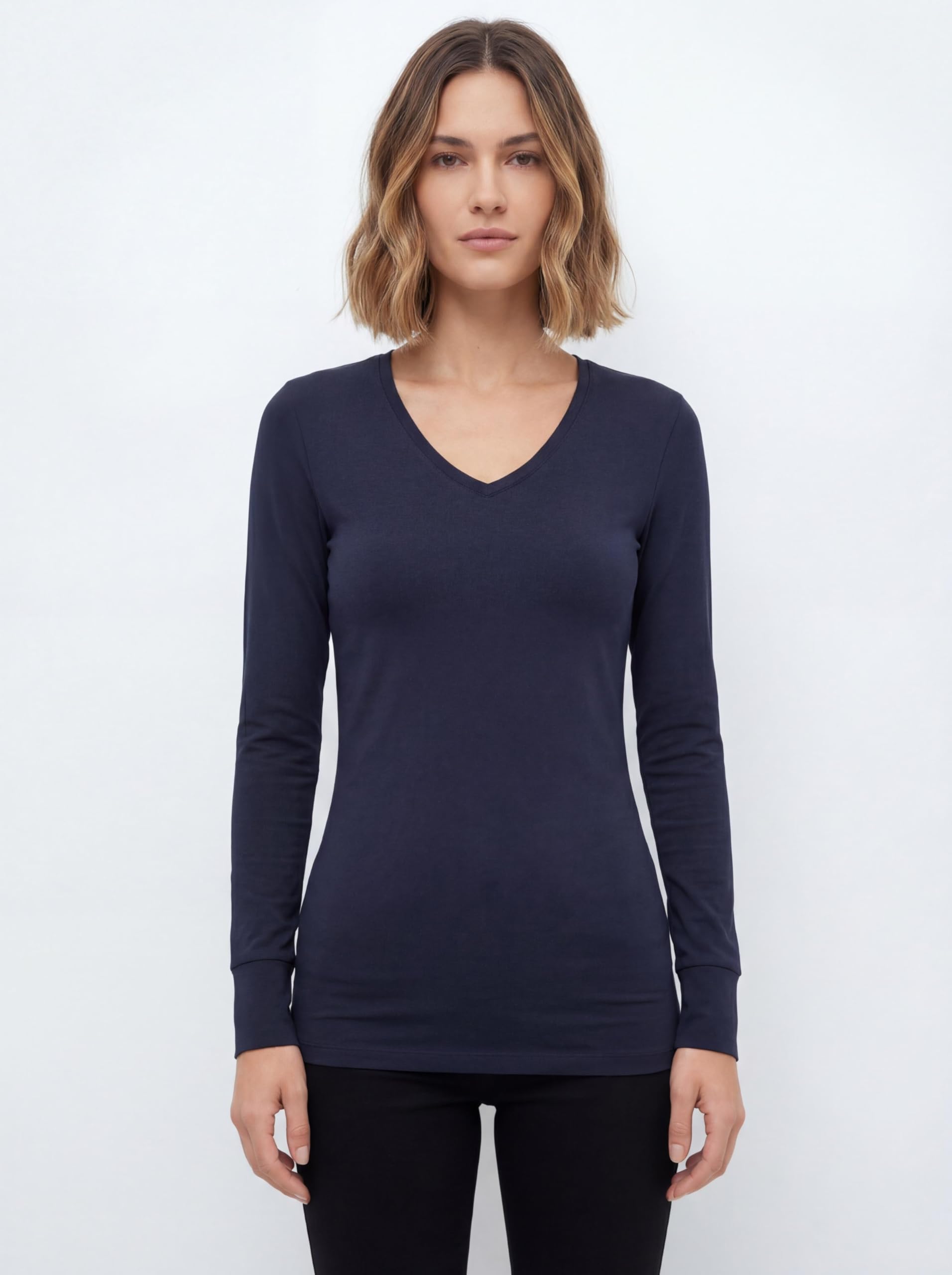 Sexy Basics Damen-T-Shirt, Baumwoll-Stretch, langärmelig, V-Ausschnitt, sportlich, legere und aktive Farben, Multipacks