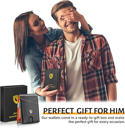 Miniatura 7 de GSOIAX Billeteras para hombre con bloqueo RFID, delgadas y plegables para hombre, minimalista, cuero auténtico, fibra de carbono, clip para dinero