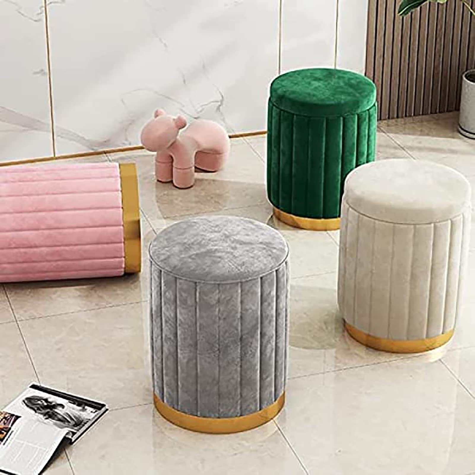 Pouf Contenitore Rotondo in Velluto Blu, Imbottito, Morbido, Poggiapiedi, con Base Dorata, Elegante E Capiente, per Soggiorno E Camera da Letto.,Green