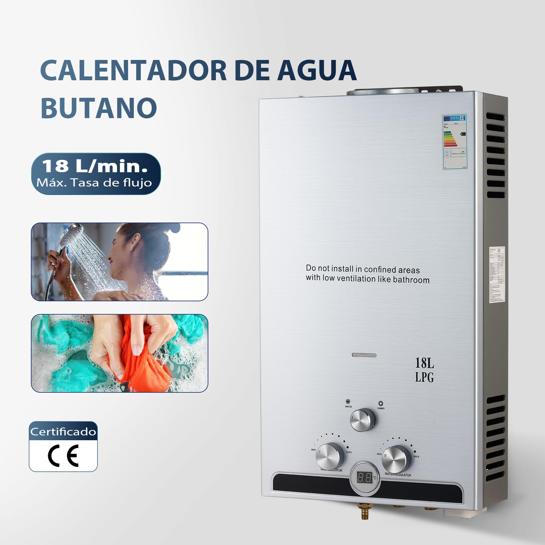 CO-Z 18L Calentador de Agua Butano Calentador de Agua LPG Instantáneo, Certificado CE, Calentador de Agua de Gas Licuado de Petróleo sin Tanque
