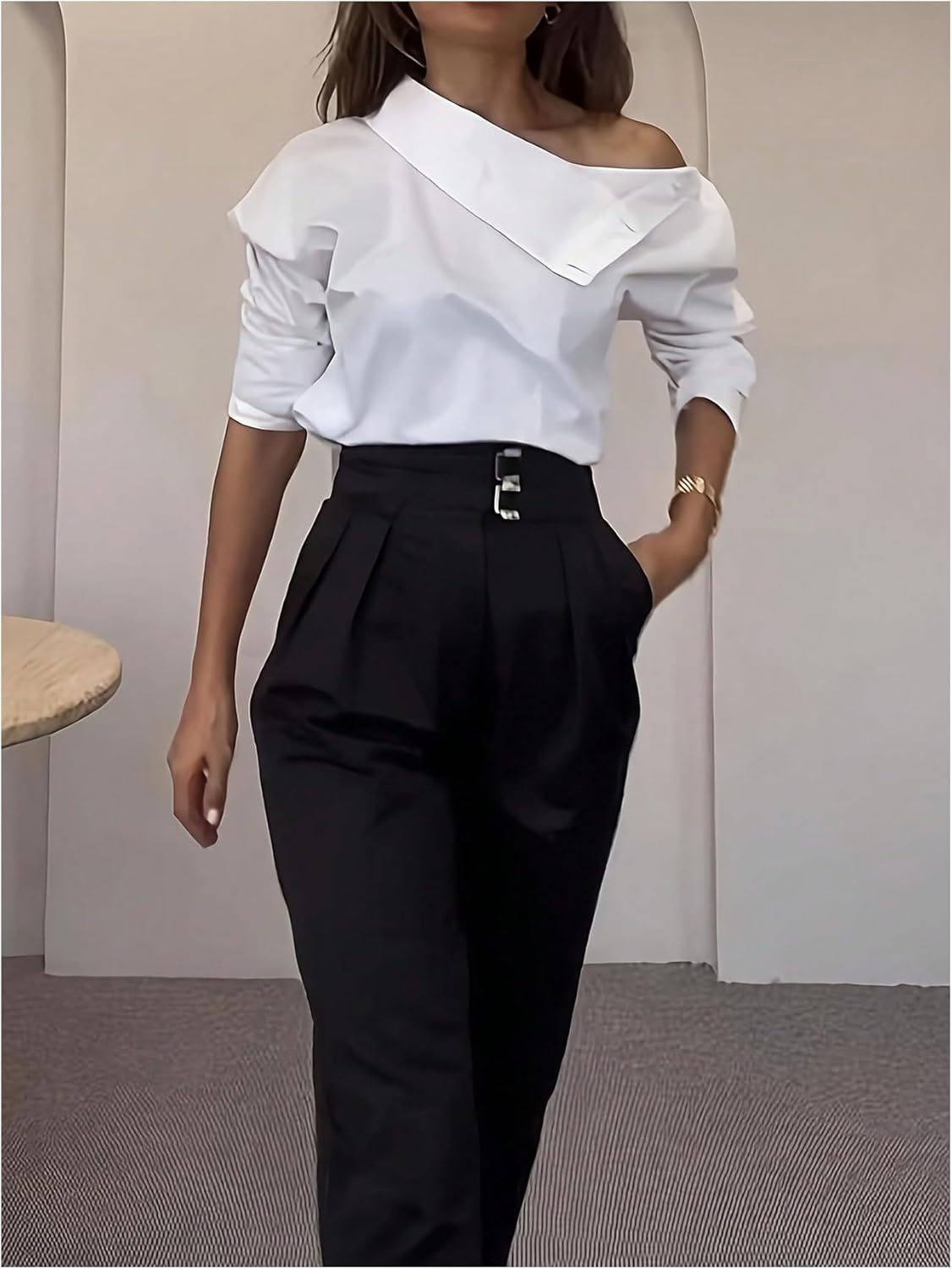 GORGLITTER Women's Casual Dressy Asymmetrical Neck Blouse One Shoulder Button Long Sleeve Dressy Business Shirt - Image 5