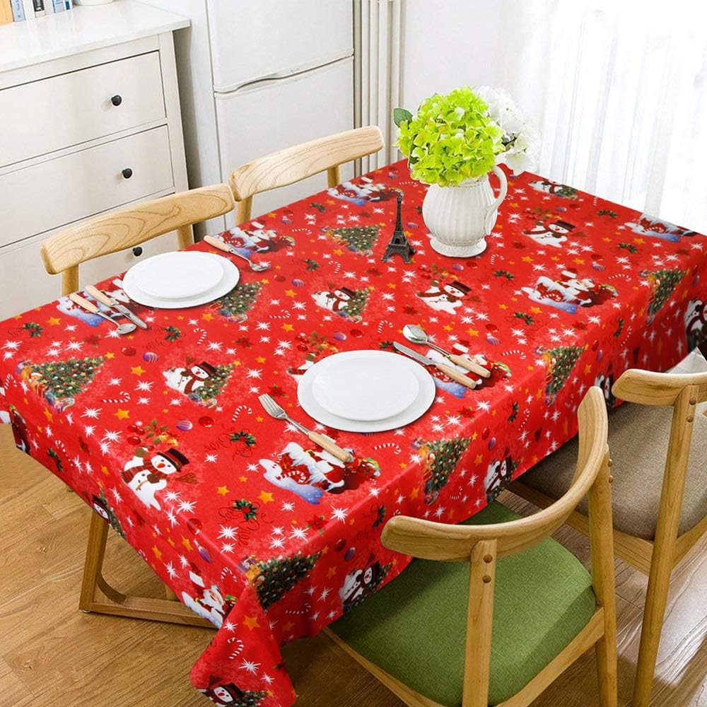 LEEVAN Heavy Weight Vinyl Rectangle Table Cover Wipe Clean PVC Tablecloth Oil-proof/Waterproof Stain-resistant-54 x 78 Inch(Snowman-Red)