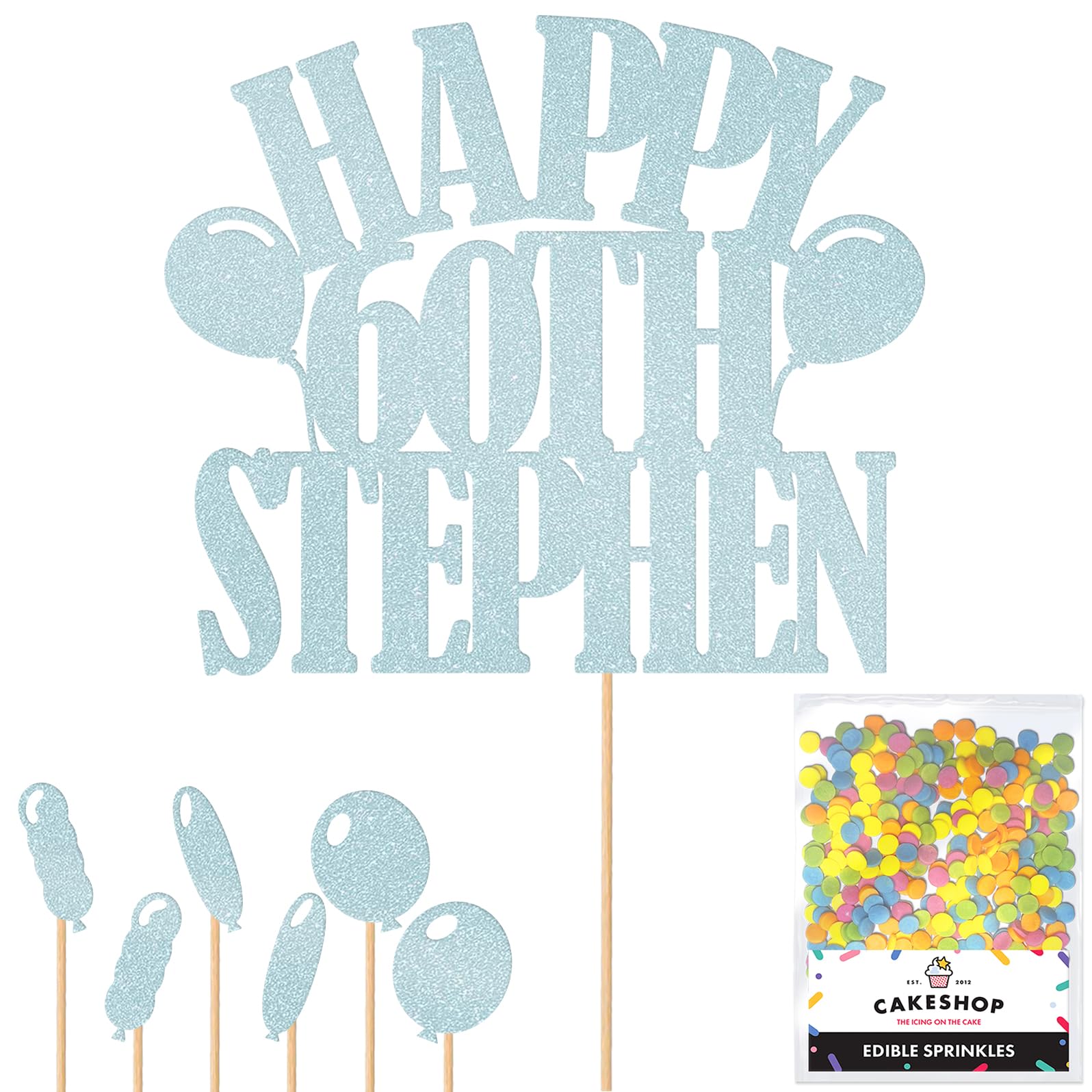Personalised Happy Birthday Glitter Cake Topper Balloons - Light Blue Any Name Age Glitter Cake Decoration and Sprinkles - Happy Birthday Decorations - Personalised Toppers for Cakes by Cakeshop โ image 1