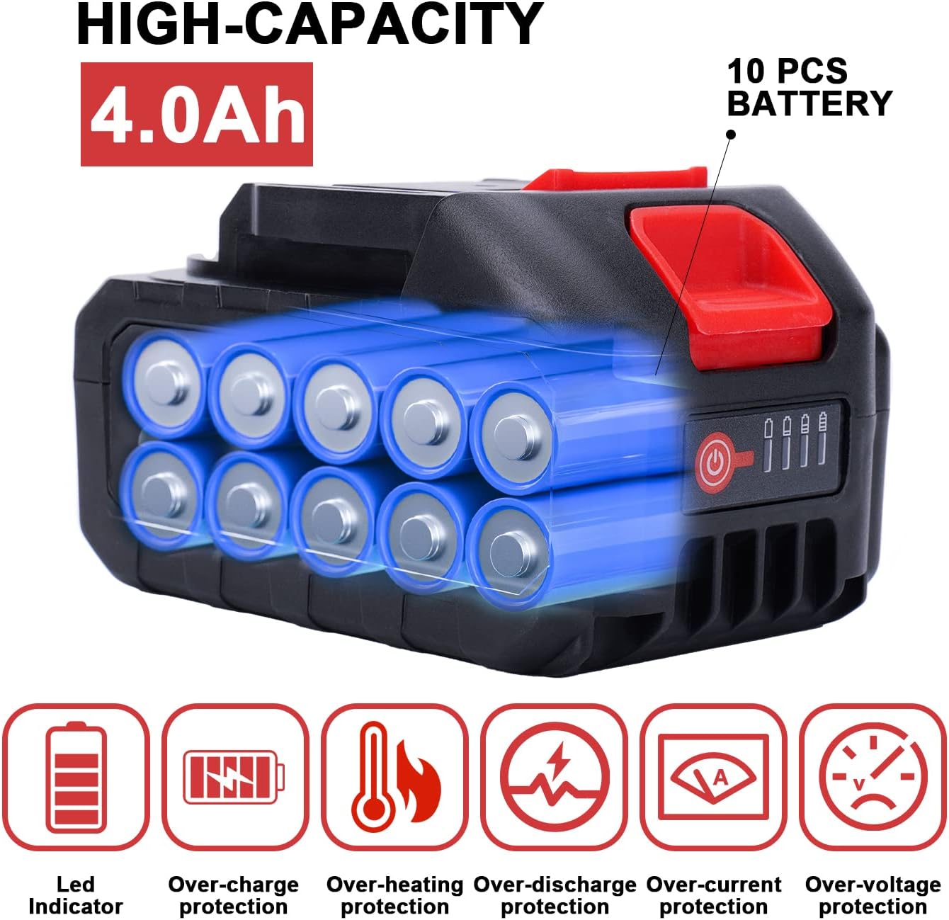 21V Lithium Battery with Electric Quantity Display, 4.0 Ah Battery with Charger Adapter Led Indicator Compatible with Leaf Blower and Mini Saw - Image 4