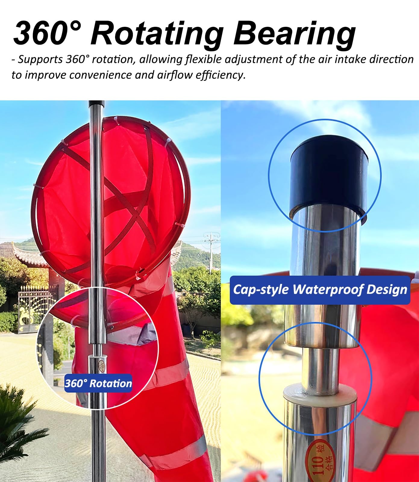 Windsack mit verstärkter Öffnung und reflektierendem Material für die Windmessung im Freien