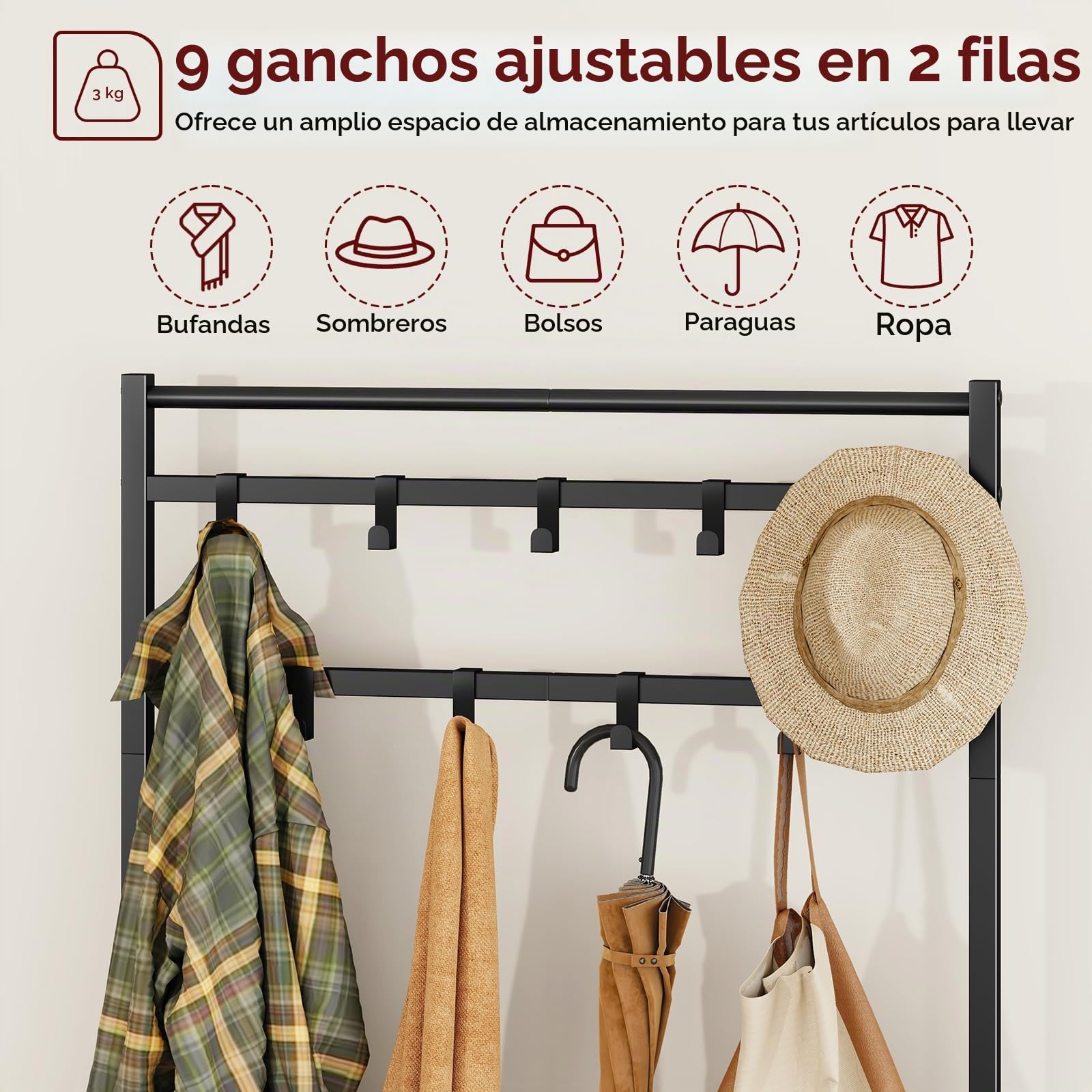 IBUYKE 188cm de Perchero con Zapatero, 5 Niveles de Estantes para Zapatos con 9 Ganchos Ajustables, Perchero con Banco para Entrada Pasillo Dormitorio, Marrón Rústico y Negro TXJ007H