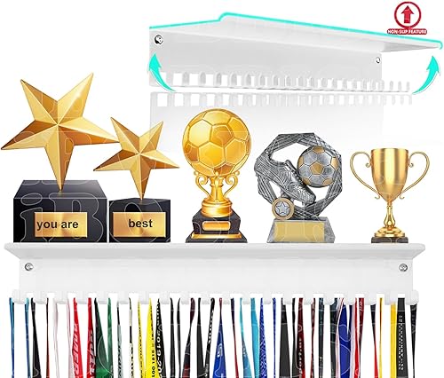 iBobbish Percha de medallas de metal, estante antideslizante para trofeos con 20 ganchos, montaje en pared, resistente, no doblado, soporta 22-33