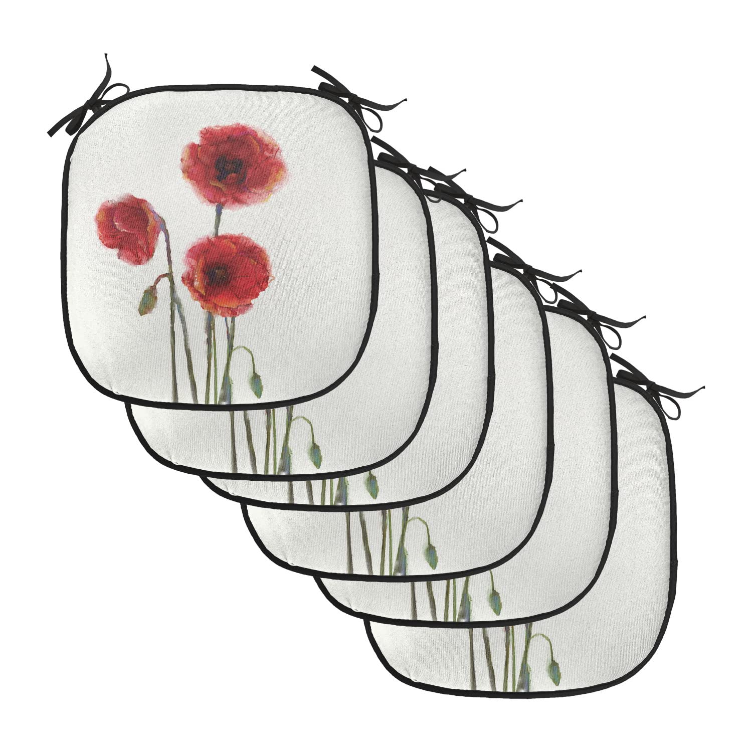 Lunarable Watercolor Flower Chair Cushion Pads Set of 6, Poppy Plants Spring Blossoms with Painting Effect Warm Season, Anti-slip Seat Padding for Kitchen & Patio, 16