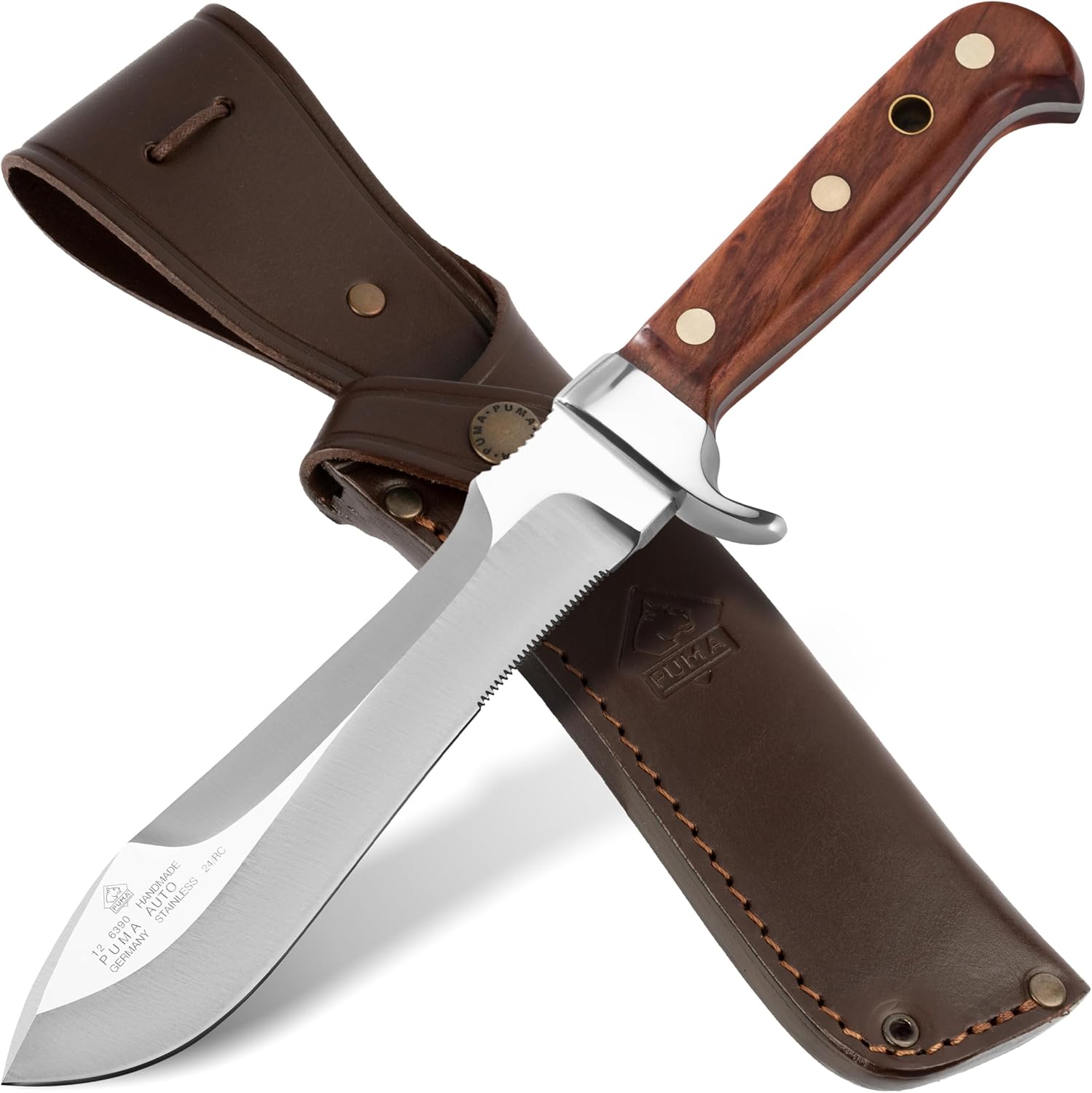 PUMA – White Hunter “Automesser” - The Legendary Hunting Knife - Handmade in Solingen, Germany – Plum Wood Handle - 6.1” Fixed Blade with Serrations– Full Tang – With Premium Saddle Leather Sheath