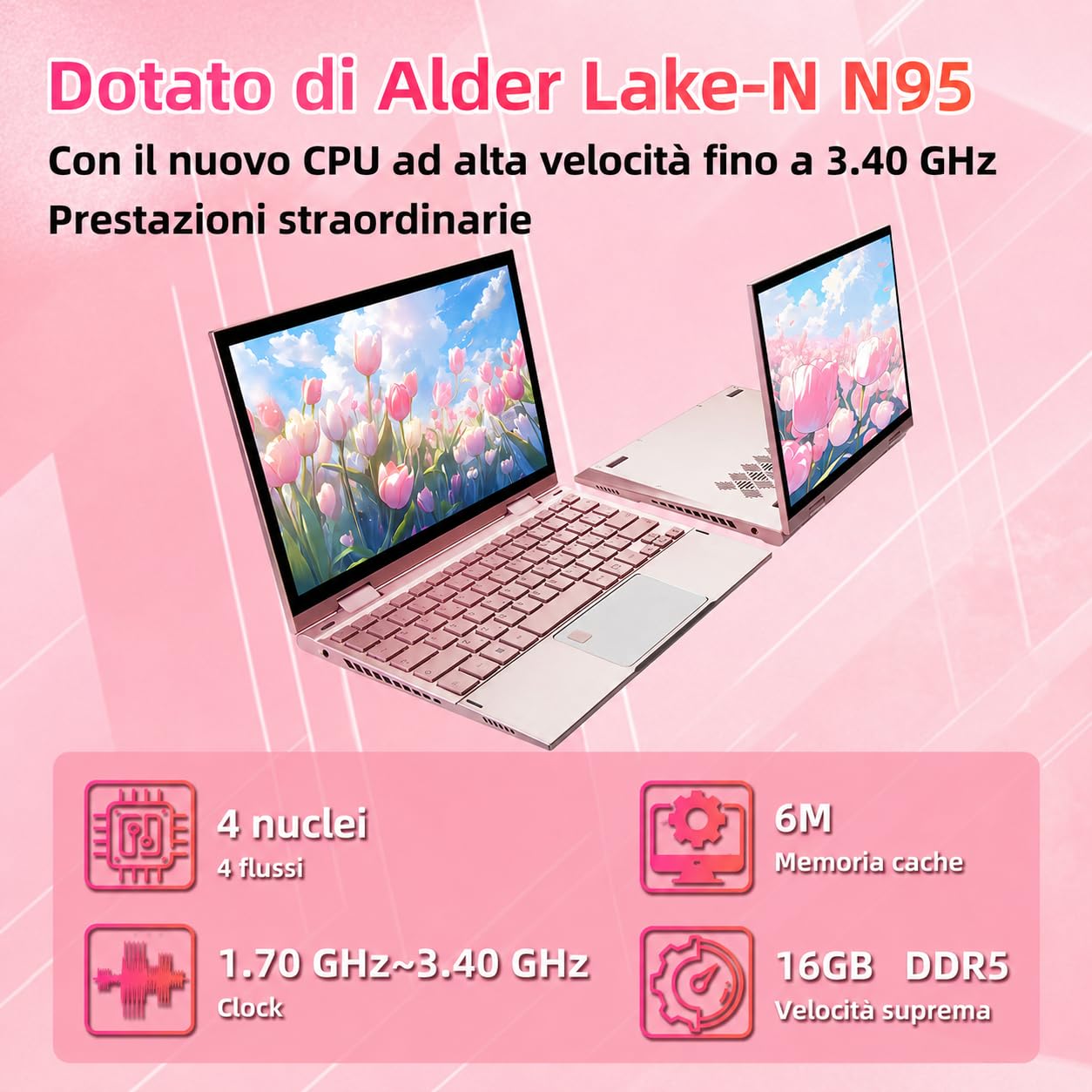 Mini Laptop 2 in 1 10.95" Touch Screen Notebook Convertibile 360° Win 11 Pro Celeron N95 16GB DDR5 256GB SSD 2000x1200 Tastiera Italiana Retroilluminata Stilo Oro Rosa