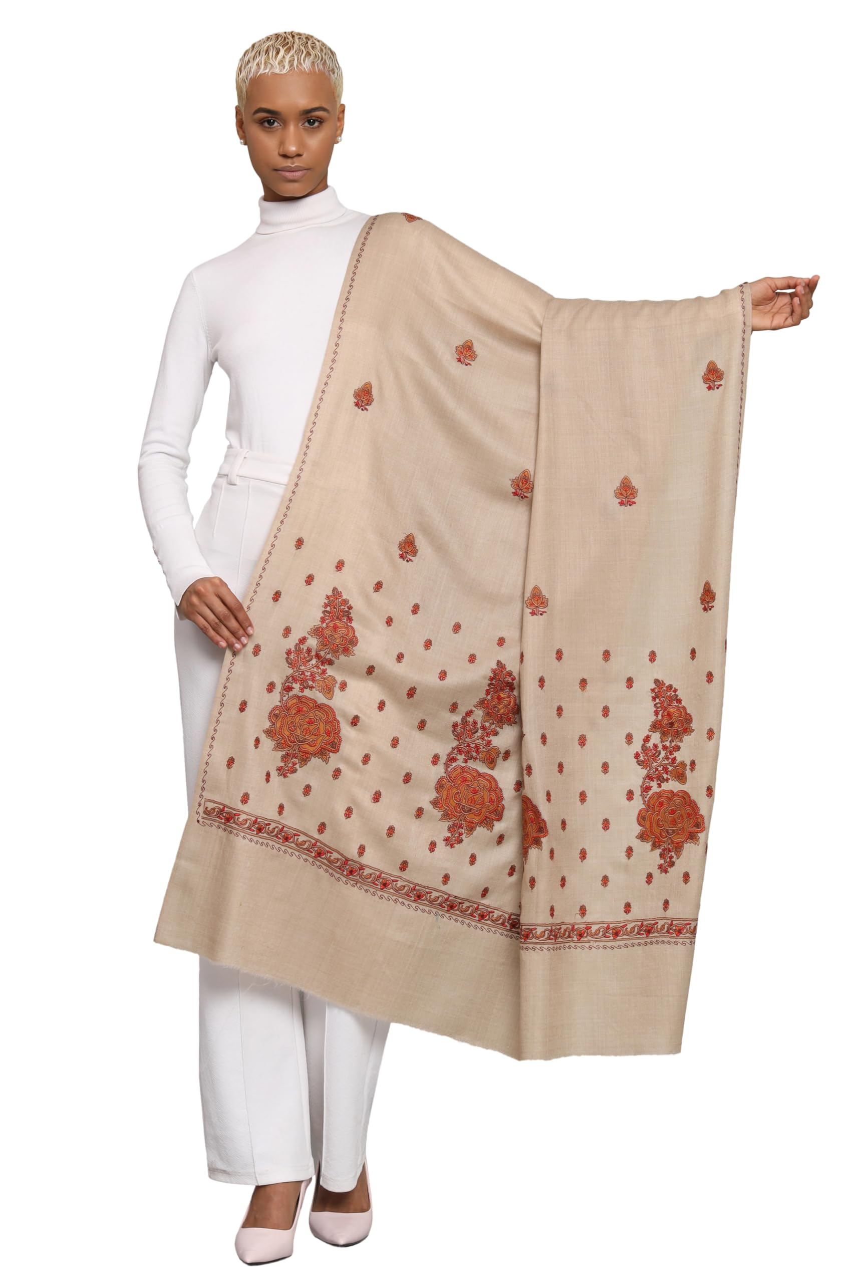 pashtush Womens Fine Wool Shawl, Kashmiri Embroidery Design, Taupe-picture-50