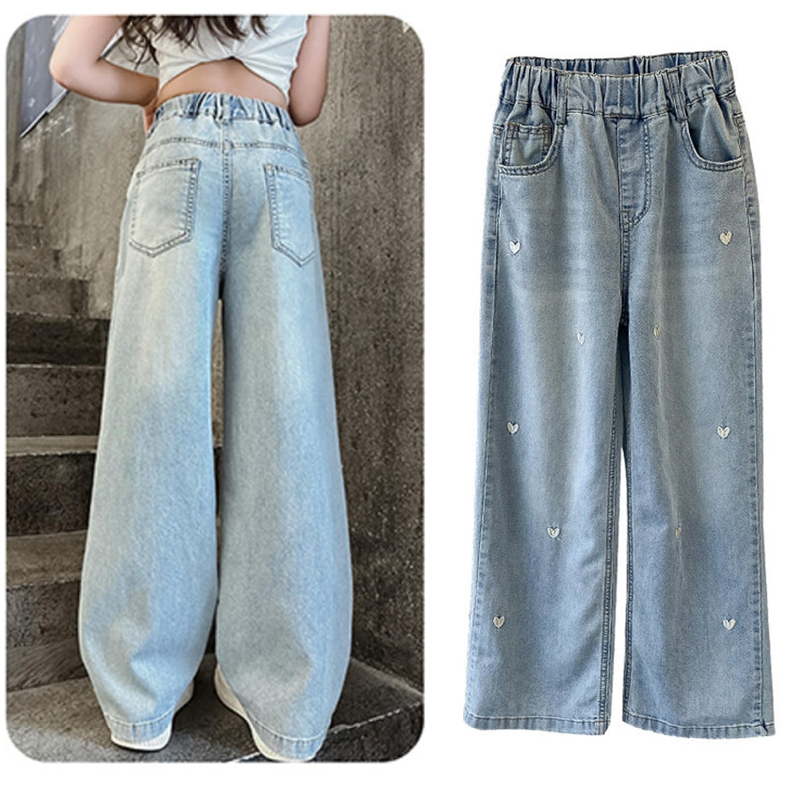 Pantalones vaqueros de pierna ancha para niñas con cintura elástica, pantalones de moda para primavera y otoño de 5 a 12 años, cómodos pantalones de mezclilla casuales