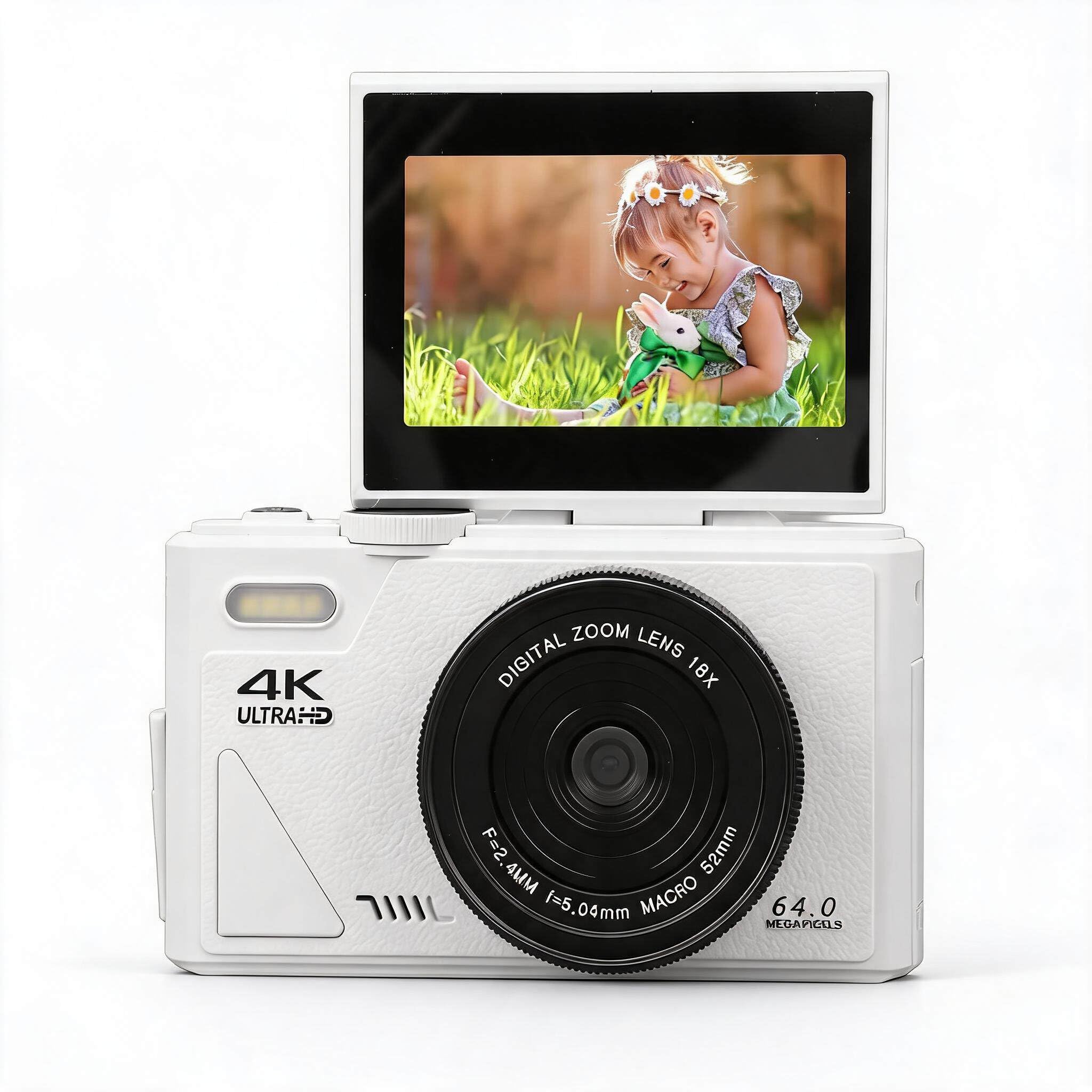 Cyfrowy Aparat Fotograficzny 4K, Aparat do Vlogowania UHD 64 MP do YouTube z 18-krotnym Zoomem, Kompaktowa Kamera Wideo Retro z Autofokusem i 3-calowym Odchylanym Ekranem do