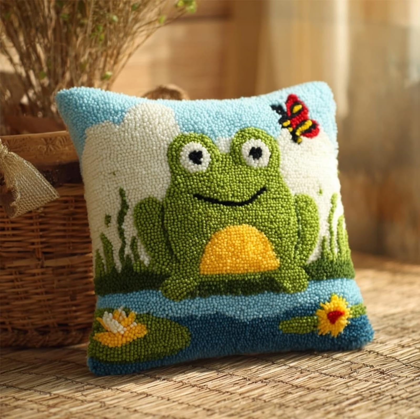 AxiangziK Latch Hook Needlecraft Pillow Kit 43x43cm,Frog and Butterfly Pre-Printed Pattern Cushion Making Set,Great for Relaxation & Home Styling,17x17in